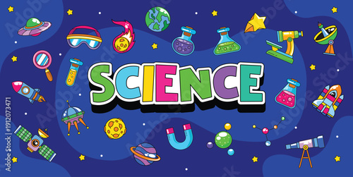 Set of science and space element doodle illustration