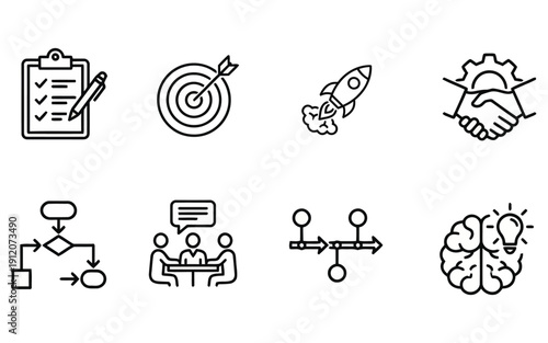 Business Growth and Strategy Focus Icon Set. Minimalist Line Art Symbols for Target Marketing. Financial Analytics and Corporate Success Planning. Professional Vector UI Elements.