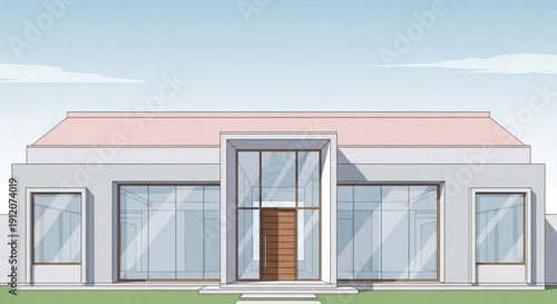 Modern house with pink roof and large windows architectural design exterior view residential building contemporary style gray walls wooden door green lawn blue sky background