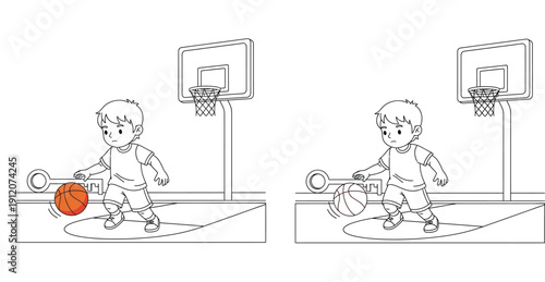 Cute cartoon boy dribbling basketball on court vector illustration, black and white outline for coloring book page and version with orange ball, sport activity concept for kids.