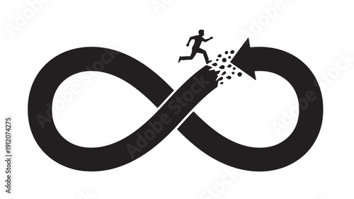 A person running along an infinite loop path breaking free from the cycle forming an arrow direction towards progress and transformation