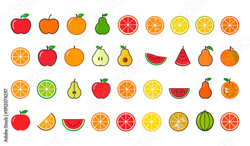 Healthy fruit silhouette vector icon collection apple pear watermelon orange
