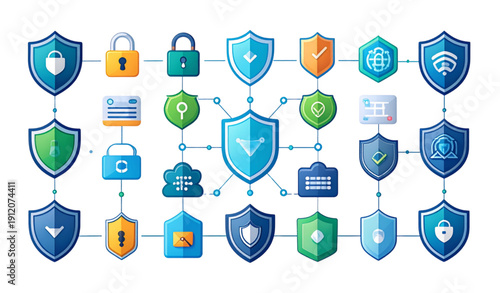 Cybersecurity and data protection symbol collection vector illustration