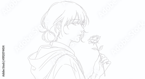 Anime-style illustration of a pensive young woman with a soft bun, holding a delicate rose, conveying beauty, tenderness, and introspection.