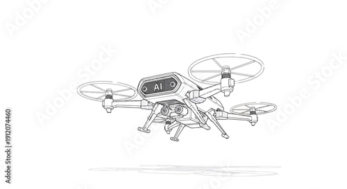 Modern AI drone in a technical sketch style, hovering with propellers spinning, showcasing advanced technology and future innovation.