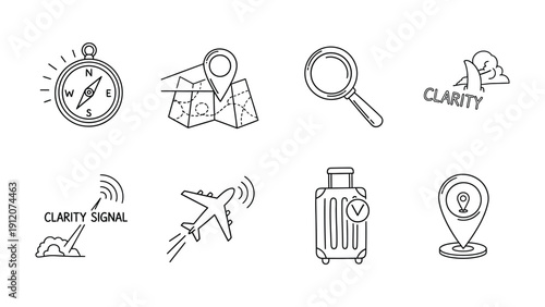 Travel Icons: A collection of simple, elegant travel icons to enhance your travel content and designs. Featuring a compass, a map with a location marker, a magnifying glass, a suitcase.