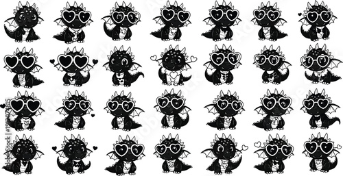 Set of 20 charming black dragons wearing heart-shaped sunglasses, great for summer and love-themed projects.
