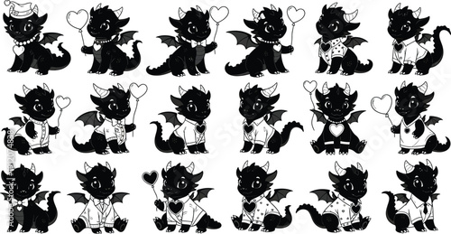 Collection of 20 black dragons dressed in cute outfits with hearts, perfect for Valentine's Day promotions.