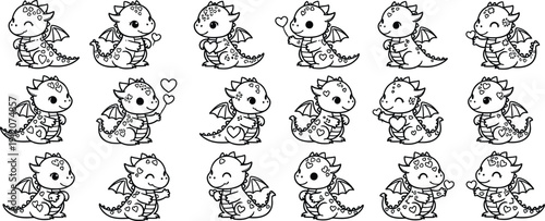 Chubby baby dragons in outline, decorated with hearts, ideal for children's books and Valentine's Day designs.