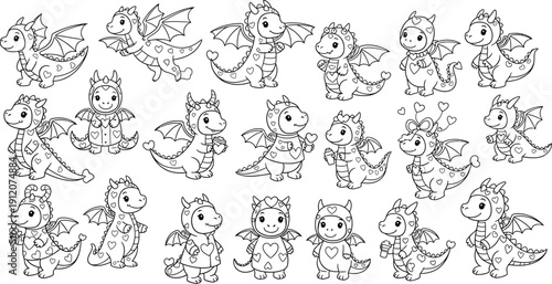 Outline drawings of 20 sweet baby dragons with heart decorations, great for coloring and creative projects.