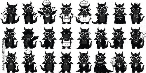 Playful black dragons in charming outfits with heart motifs, perfect for Valentine's Day or any celebration of love.