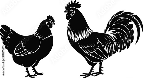 Black vector silhouette of a rooster and a hen facing each other for farm branding poultry farming organic agriculture and rural livestock designs