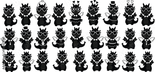 Playful black dragons in charming outfits with heart motifs, perfect for Valentine's Day or any celebration of love.