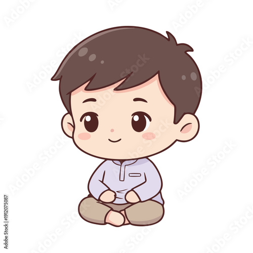 Charming ramadan illustration of a happy cartoon boy, thoughtfully seated in a traditional shirt, radiating innocence and cultural cheer, perfect for festive greetings and diverse projects