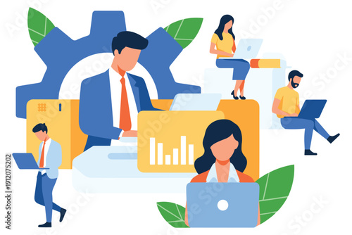 Illustrated team collaborating remotely with laptops and charts