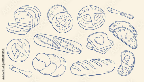 Mediterranean bread doodle set in blue. Hand drawn line art of italian and french cuisine. La dolce vita table wettings, cafe and restaurant menus, branding. Vector isolated