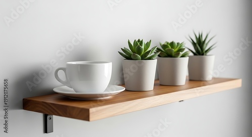 Wallpaper Mural A wooden shelf with a cup and three small potted succulents on it Torontodigital.ca