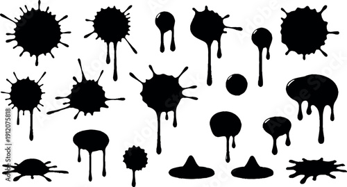 Collection of black silhouette splatter and drip art shapes