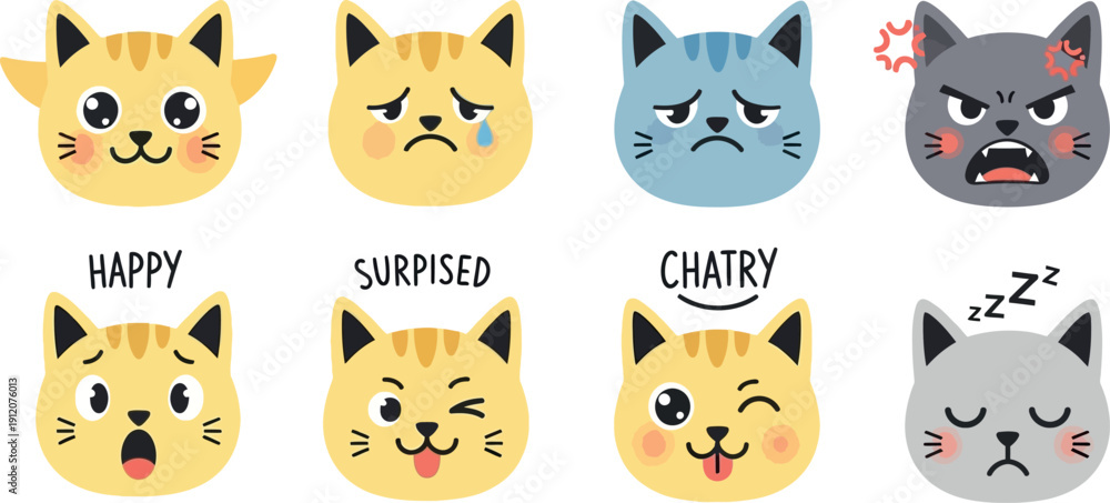 Fototapeta premium Collection of cartoon cat faces with various emotions and expressions