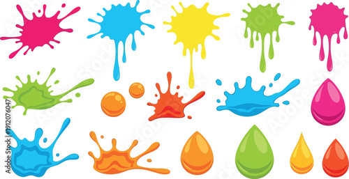 Vibrant colorful paint splatters and droplets on white background