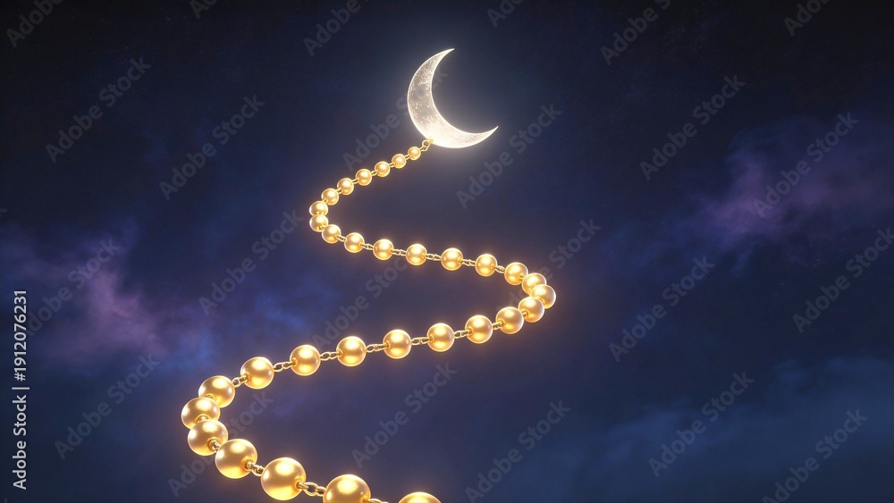 Obraz premium Glowing Crescent Moon and Golden Prayer Beads in Ramadan Night Background