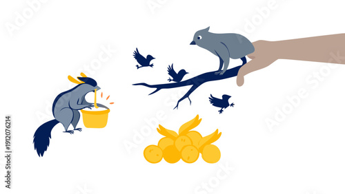 A squirrel standing on a branch, dropping gold coins into a charity box held by a group of birds below.