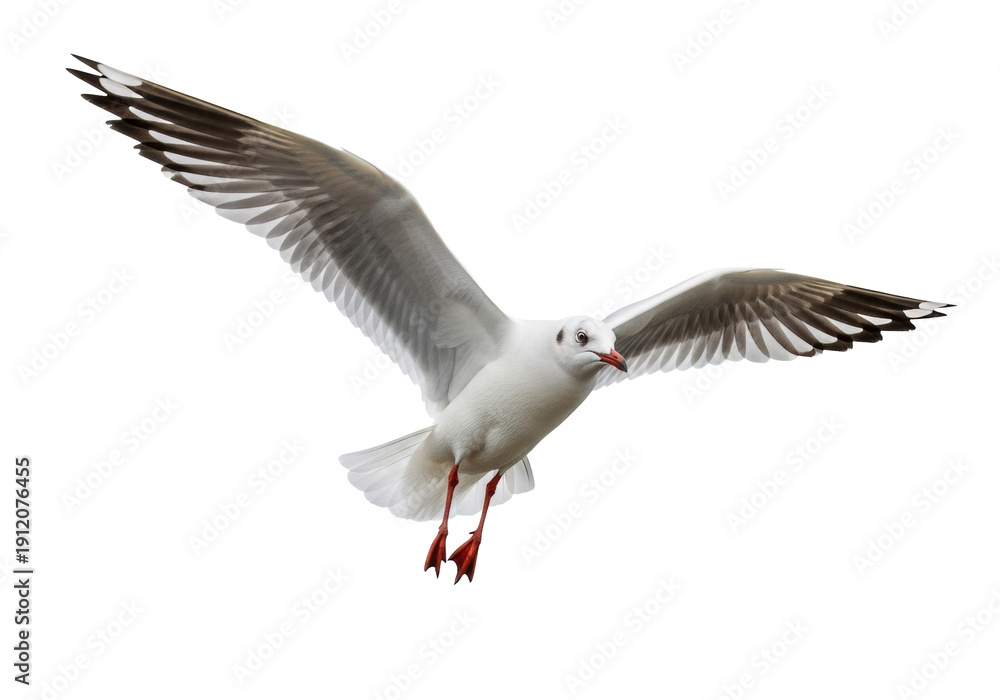 Obraz premium A magnificent adult white seagull with reddish-orange beak and legs, captured mid-flight with powerful outstretched wings showing brown and black primary feathers, isolated against a transparent