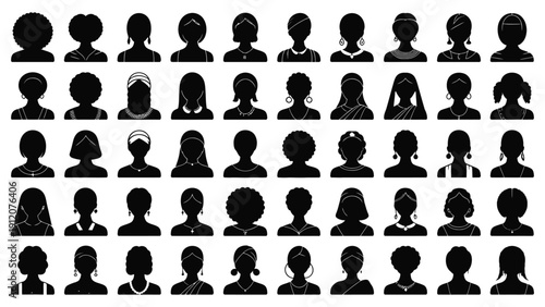 Diverse vector female avatar silhouettes with various hairstyles and accessories, isolated on a transparent background, suitable for user profiles and UI design.