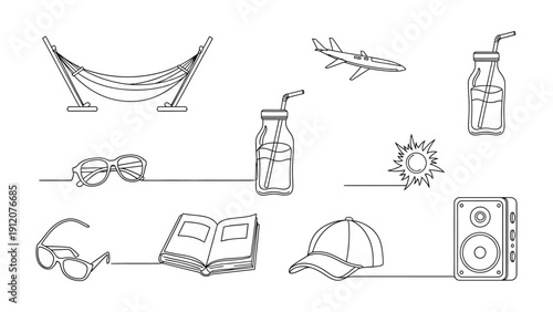 Summer Essentials: A minimalist outline design featuring essential items for summer relaxation and travel, including a hammock, airplane, drinks, sunglasses, book, sun, hat and speaker.