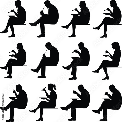 People eating silhouettes set, men and women sitting with plates and spoons, diverse dining poses isolated on white, mealtime lifestyle vector illustration collection.