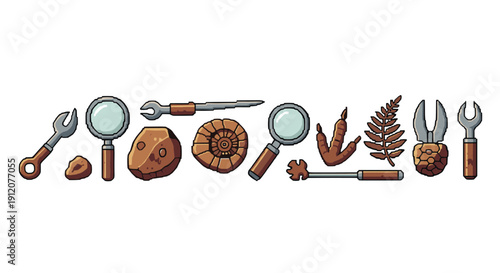 A set of pixel art icons for paleontology or archaeology, including a magnifying glass, fossils, dinosaur tracks, and digging tools.