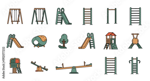 A vibrant collection of colorful playground equipment icons, including swings, slides, monkey bars, and seesaws for children's recreation.