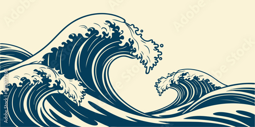 A powerful wave crashing against the shore with a sense of raw and untamed nature.