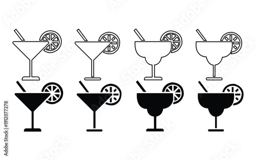 Cocktail glass icon set line and silhouette isolated on white background