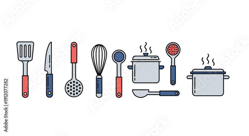 A clean set of essential kitchen utensils and cookware icons, featuring pots, a spatula, knife, and whisk in a flat line art style.