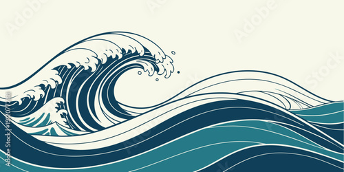 A powerful wave crashing against a rocky shore with white foam and deep blue water