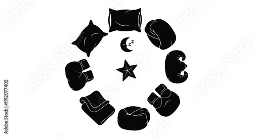 A circular arrangement of black silhouette icons related to sleep and comfort, including various pillows, blankets, a moon, and a star.