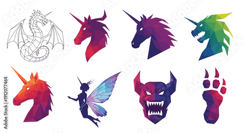 A collection of majestic mythical creature icons, featuring unicorns, a dragon, and a fairy in modern low poly and line art styles.