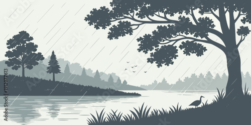 A serene lakeside scene with a large tree providing shade and reflection on the water
