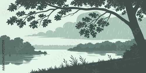 A serene landscape of a lake surrounded by lush green trees under a clear blue sky.