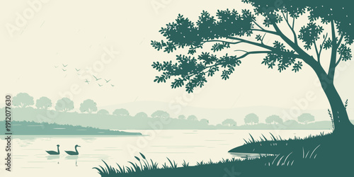 Two ducks glide peacefully on a serene lake under a large tree.