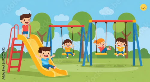 Children playing on swings and slide in a sunny park with green grass and trees