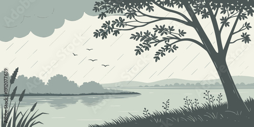 A serene landscape with a calm body of water and distant mountains under a cloudy sky