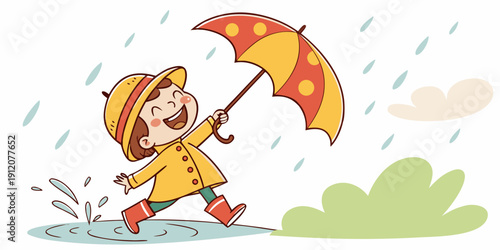 A cheerful child in a yellow raincoat holding an orange umbrella in the rain