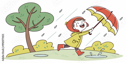 A cheerful cartoon character holding an umbrella under a tree in the rain