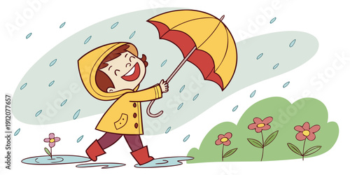 A young girl with a yellow raincoat and red umbrella walking through a rainy garden