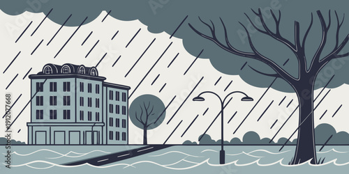 A solitary building stands amidst a stormy landscape with bare trees and heavy snowfall.