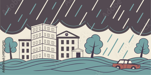 A stormy night with lightning striking near a large building and trees.