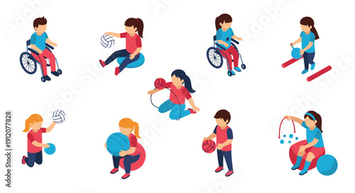 An inclusive isometric set showing children with and without disabilities participating in physical therapy and adaptive sports activities.