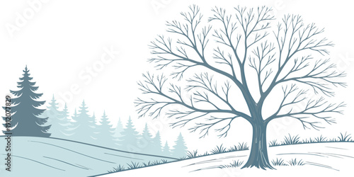 A solitary tree stands tall in a winter landscape with snow-covered ground and distant trees.